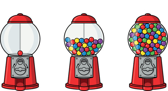 Red vintage gumball machine set with colorful candy at different stages isolated on white background.