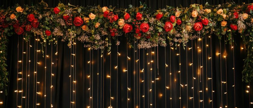 Elegant floral decoration with red roses and string lights backdrop for events