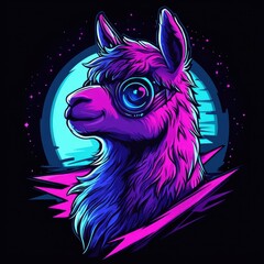 Obraz premium Alpaca in Synthwave style, with neon lights and retro-futuristic elements giving it a vibrant, nostalgic look.