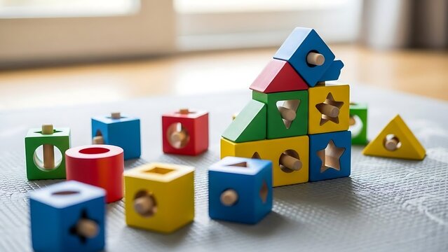 Colorful Wooden Shape Sorter Blocks Building House Toy for Kids.