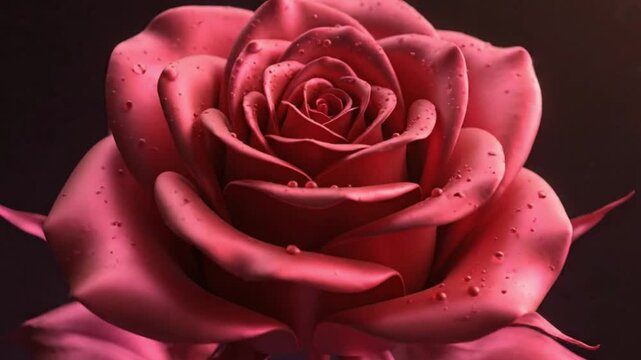 Close-up of a realistic pink rose with dew drops, symbolizing love and beauty