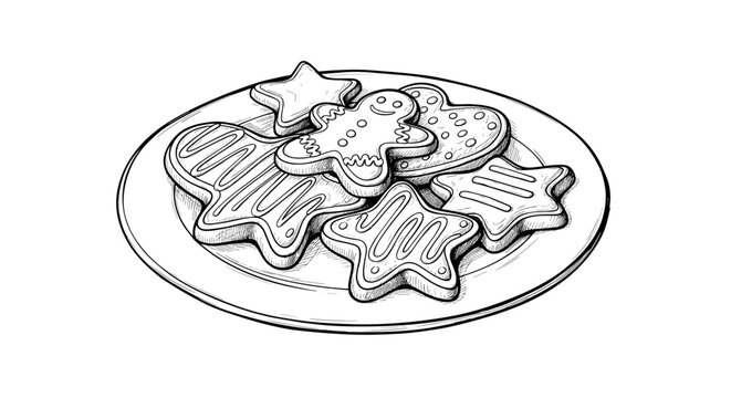 Black and white illustration of assorted gingerbread cookies arranged on a plate, featuring stars and gingerbread men, with intricate icing patterns