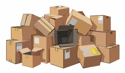 Fototapeta premium Ecommerce delivery parcel boxes with shipping labels barcode and sealed cartons stacked logistics vector illustration isolated on white background