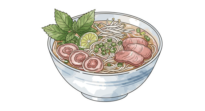 Illustration of a bowl filled with traditional Vietnamese pho soup, featuring sliced meat, fresh herbs, lime, and noodles on a white background