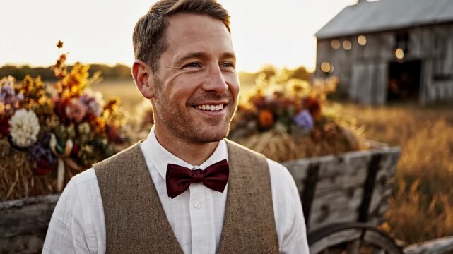 Groom in tan vest adjusting bowtie near wagon with flowers in golden hour light