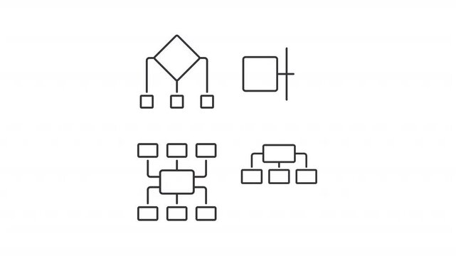 Animated hierarchy schemes line icons. Project structure presentation animation set. Branching diagram with square blocks. Outline elements on white background. HD video with alpha channel