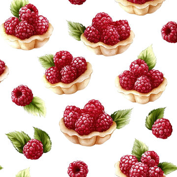 Watercolor seamless pattern of raspberry tarts, isolated on a white background, blending art with dessert. PNG