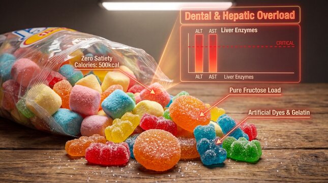 Colorful gummy bears spilling out of a plastic bag with labels highlighting dental and hepatic overload risks and nutritional information on the packaging