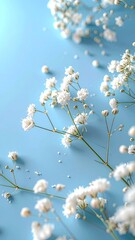 Fototapeta premium Delicate white baby's breath flowers are artfully scattered across a soft, light blue background.