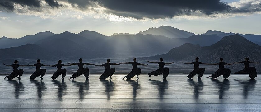 Synchronized movement silhouettes against mountain range