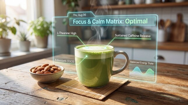 Matcha green tea with almonds on a wooden table in a kitchen setting with a focus and calm matrix graphic overlay