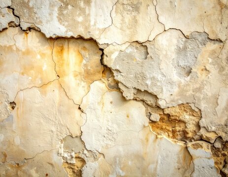 A close-up view of a severely cracked and peeling old plaster wall, revealing damaged layers and grungy textures.