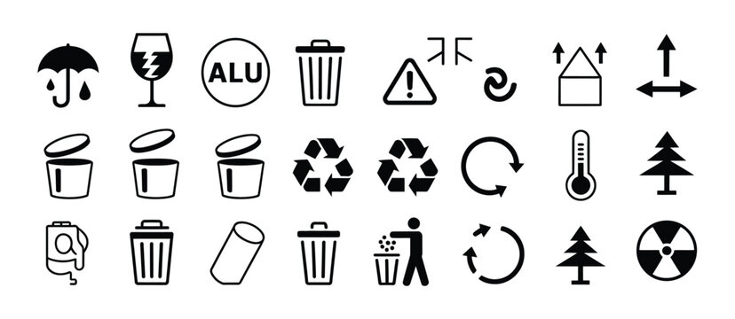 Big Set of Packaging Symbols Isolated on White Background, Flat Vector Illustration Featuring Packing Icons for Cardboard Boxes, Plastic Product Marking Signs and Recycled Symbols Collection
