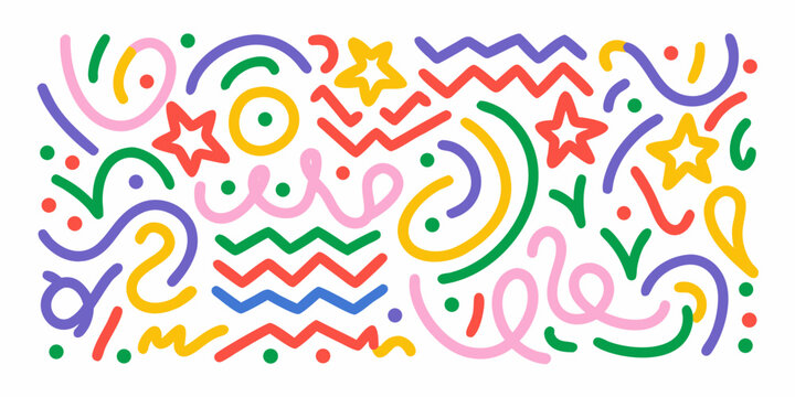abstract doodle pattern with colorful wavy lines stars and geometric shapes on white background