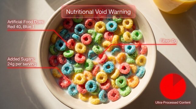 Bowl of colorful cereal with milk and nutritional warning labels indicating artificial food dyes and added sugars