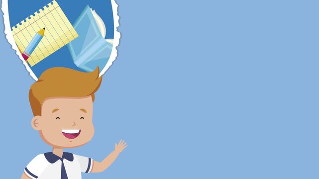 Cartoon schoolboy waving with educational supplies appearing in torn paper cloud animation on blue background.