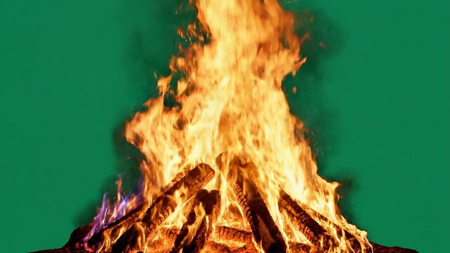Blazing fire, burning wood, flames, green background ai 4k Video