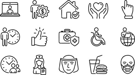 Fototapeta premium Collection of linear icons representing social care medical healthcare insurance and business management services for web design projects.