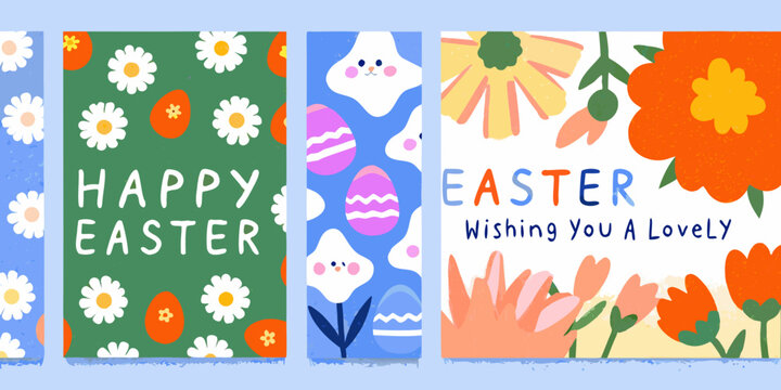 Four vertical easter cards with floral and bunny illustrations pastel colors and handwritten text