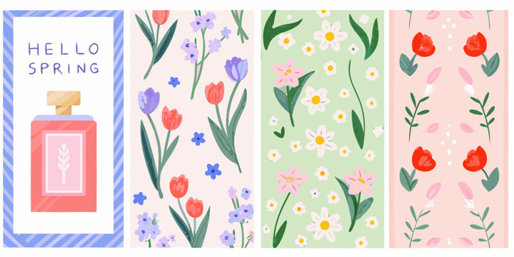 Floral spring patterns with perfume bottle and botanical illustrations colorful vector design high quality professional