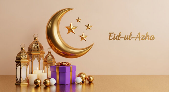Golden crescent moon and stars with eid al adha decorations and gift box on peach background