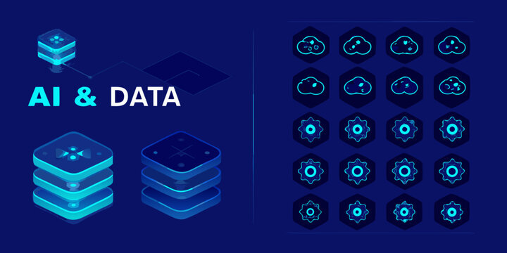Artificial intelligence and data illustration with stacked layers and connected cloud icons 3d render
