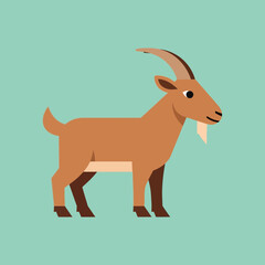 Fototapeta premium Flat Vector Illustration of a Brown Goat with Horns and Beard on a Turquoise Background