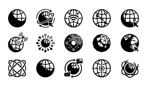 Global earth and digital internet communication icons vector pack isolated on white background