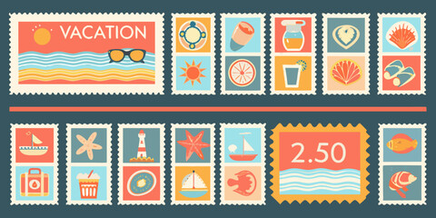Colorful travel themed postage stamps with vacation icons and retro style design high quality professional © Ranajit