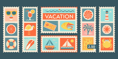 Collection of colorful retro travel themed postage stamps with summer vacation icons high quality professional © Ranajit