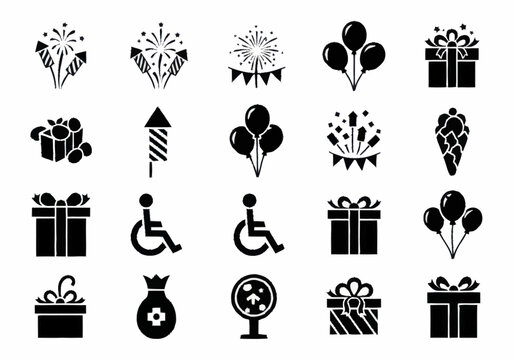 Black icons of gifts and symbols.