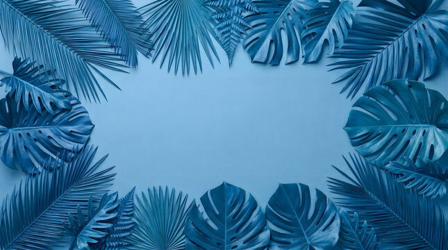 Monochromatic blue tropical leaves frame on solid background
