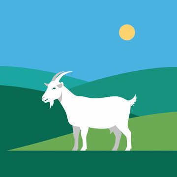 Flat Vector Illustration of a White Goat Standing in a Green Meadow with Rolling Hills and Sunny Sky - Farm Animal and Rural Landscape Concept
