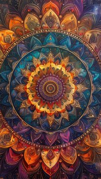 A vibrant and intricately detailed colorful mandala art piece featuring rich golden, blue, orange, and purple hues with symmetrical patterns.