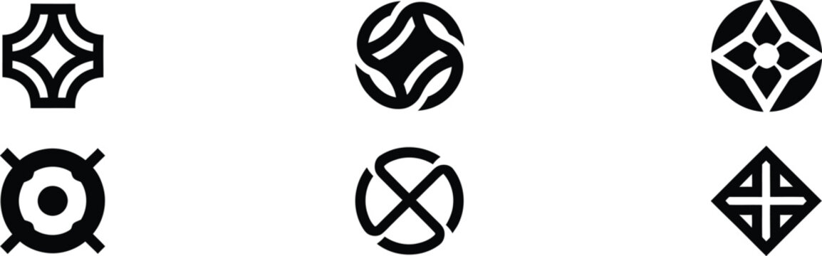 Six black monogram logos geometric shapes for branding and identity design