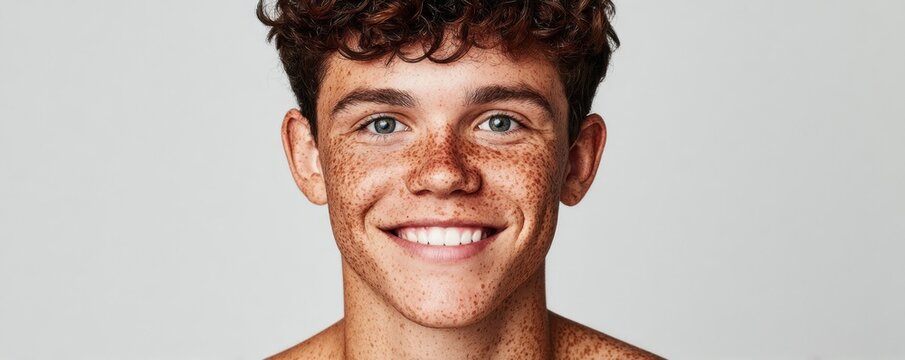 Happy freckled teen boy close up portrait with bright smile natural youthful expression and authentic happiness concept for education lifestyle and positive identity branding