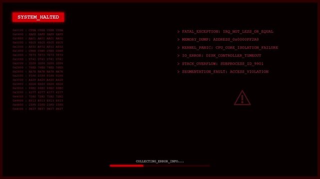 System Halted Red Digital Error Screen with Kernel Panic Fatal Exception and Data Memory Dump Interface.