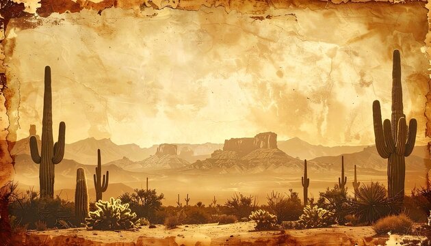 A vintage-style desert landscape featuring saguaro cacti and distant mesas under a warm, textured sky.
