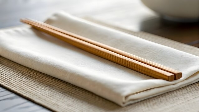 Reusable Chopstick Holder Placed On Cream Linen Napkin, Eco Friendly Dining Accessory Scene With Sustainable Lifestyle Focus And Soft Color Palette