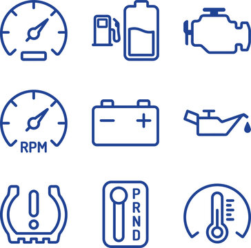 Car dashboard warning lights and gauges icons set, isolated on white background