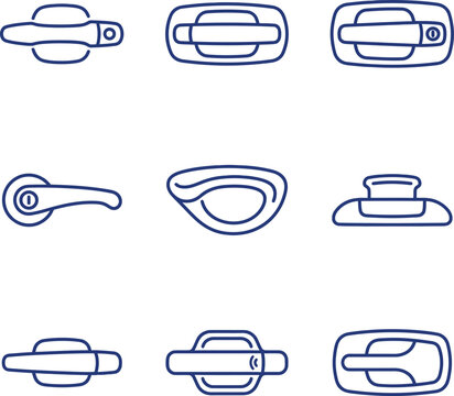 Set of car door handle icons featuring various automotive exterior designs in a blue outline vector style, vehicle parts collection icons