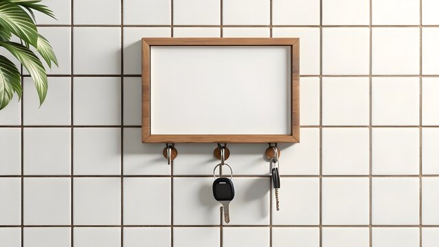 Wall Mounted Key Rack Isolated On Minimal Tiled Wall, Neat Organization Scene With Clean Design, Everyday Home Object In Bright Interior Light