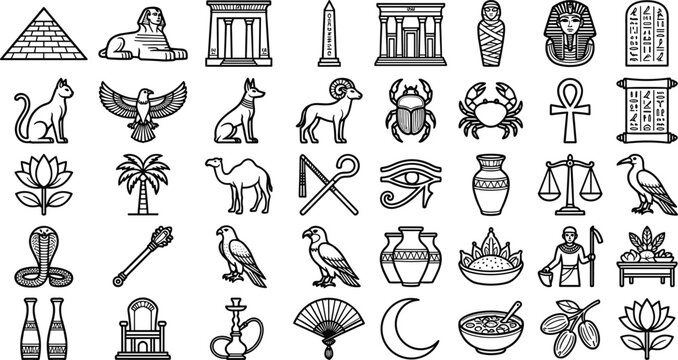 Ancient Egyptian culture outline icon set featuring pyramid pharaoh ankh scarab sphinx and traditional historical symbols