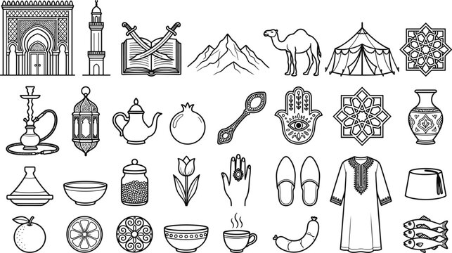 Arabic and Middle Eastern culture outline icon set featuring mosque camel tea lantern and traditional oriental symbols