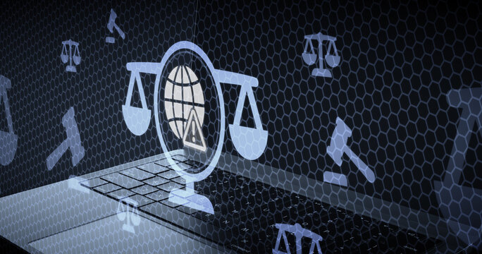 Digital legal concept with balance scales globe and warning sign on laptop keyboard background representing global regulations and cyber law compliance or internet policy issues