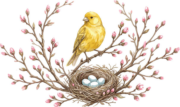 Yellow Canary Bird Perched Above Twig Nest With Blue Eggs Surrounded by Pink Blossom Branches Vector