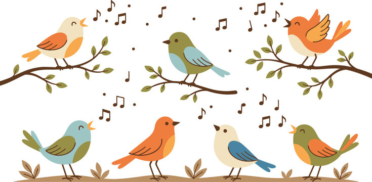 Set of Seven Cute Cartoon Birds Singing Musical Notes on Branches and Ground Vector Illustration
