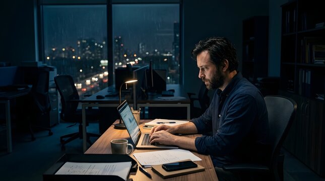 Focused Man Working Late at Desk with City View.