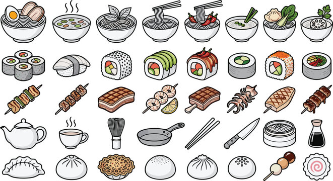 Asian food and sushi icons collection set with ramen dumplings skewers and tea, hand drawn vector illustration for restaurant and menu design