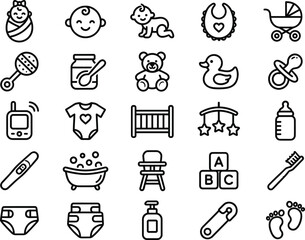 Fototapeta premium Baby care and newborn outline icon set featuring infant toys hygiene nursery and childcare symbols collection
